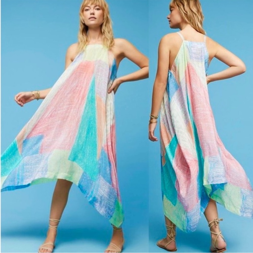 Anthropologie Lilka Pastel Abstract Halter Asymmetrical Dress Flowy Boho